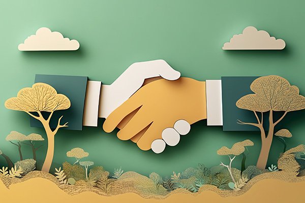 Manos estrechándose sobre un fondo ecológico con árboles y vegetación, simbolizando compromiso empresarial con la sostenibilidad.