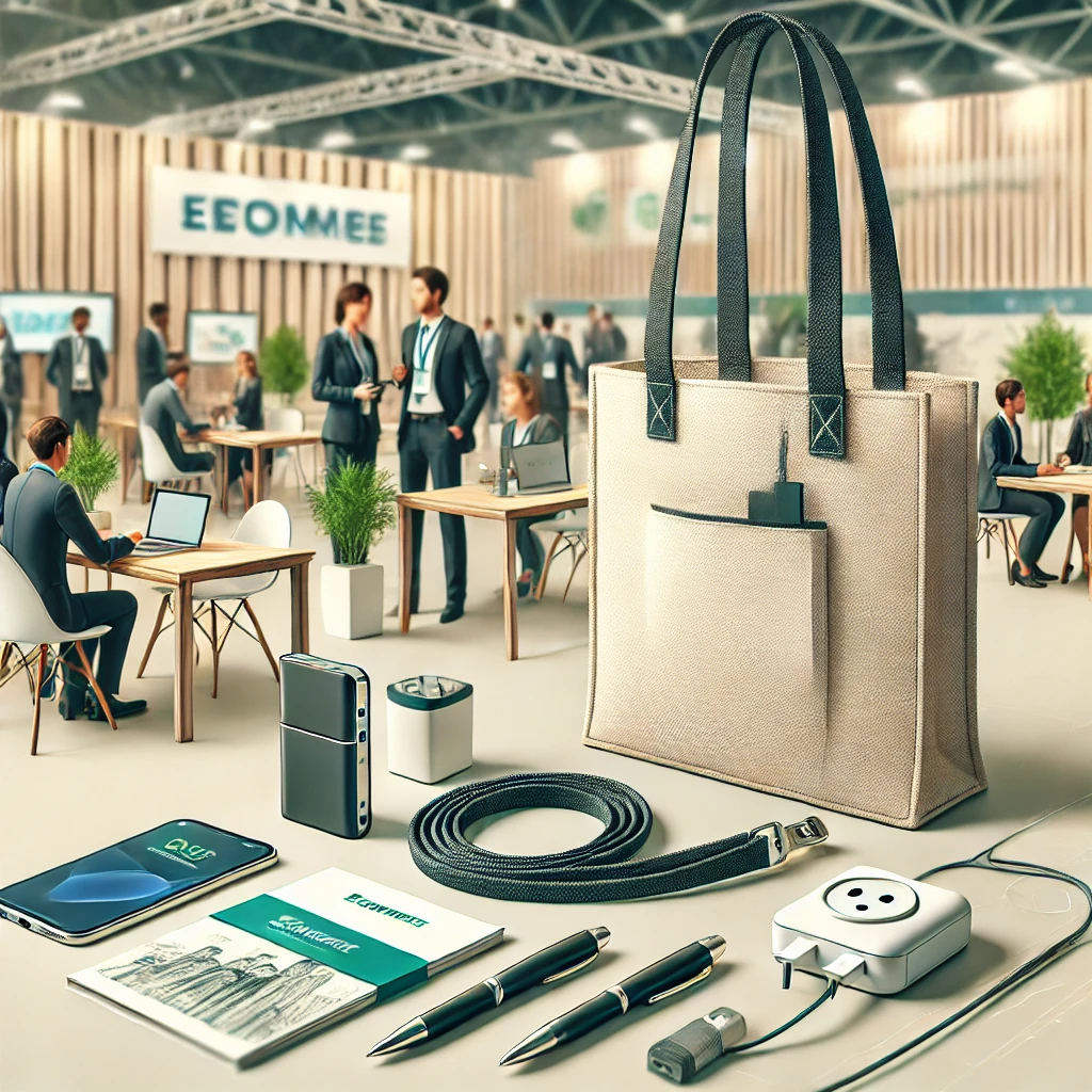Merchandising promocional en ferias y congresos, con productos personalizados como lanyards, bolígrafos y power banks en un evento corporativo.
